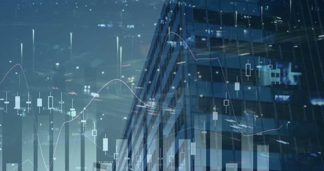 Statistical Graphs Overlay Tall Urban Skyscraper at Night