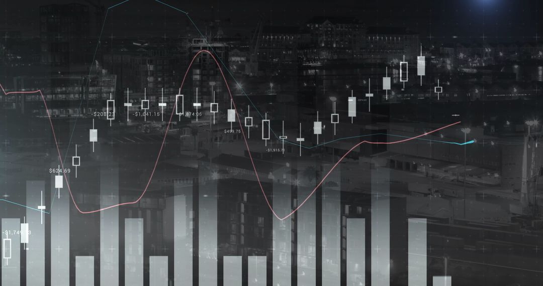 Digital Analytics Overlay with Urban Night Skyline and Candlestick Chart