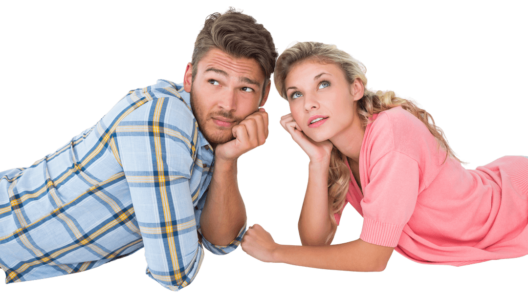 Thoughtful Young Couple Lying Down in Discussion, Transparent Background