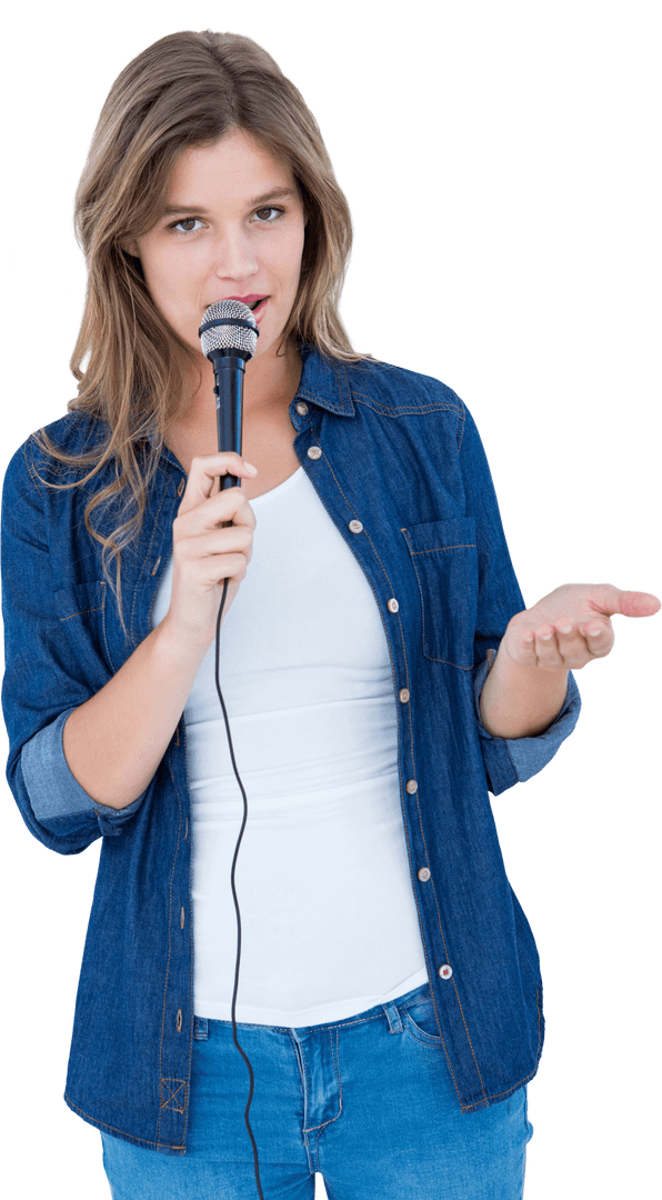 Transparent Singing Woman Expressing Confidence with Microphone