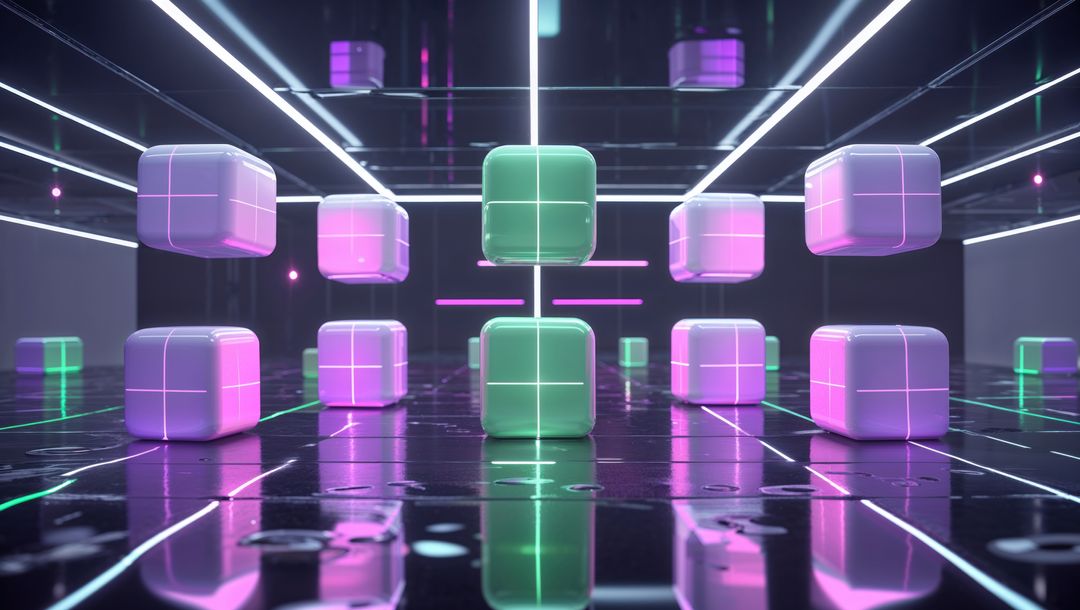 Futuristic Neon Cubes in Cyberpunk Environment