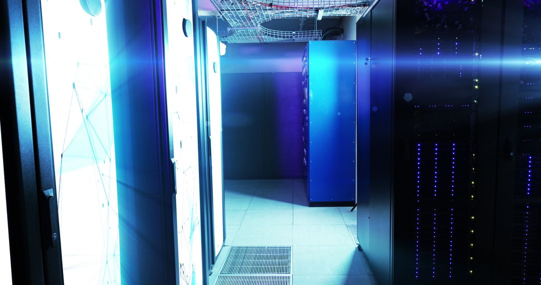 Futuristic Server Room with Digital Interface Projections