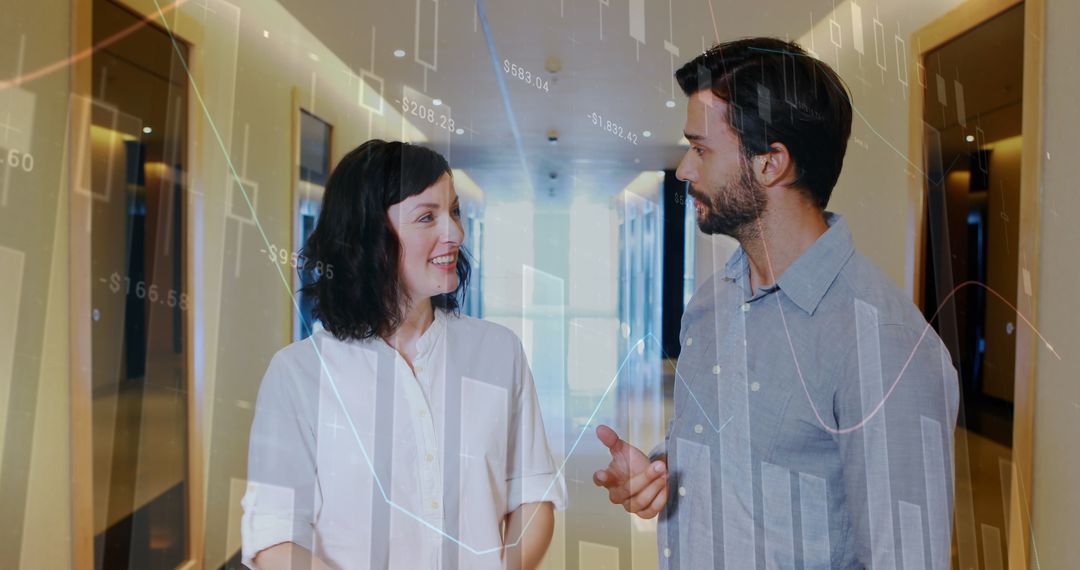 Business Colleagues Discussing in Modern Office with Financial Graphs Overlay