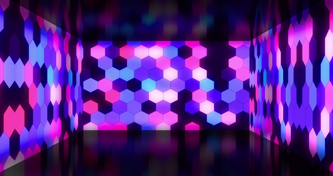Vibrant Neon Hexagon Lights in Abstract Dark Room