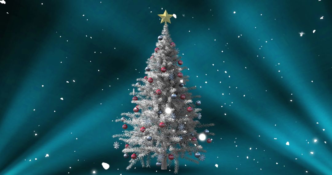 Enchanting Christmas Tree with Falling Snow on Blue Background