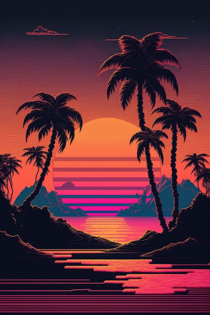 Vaporwave landscape with mountains, sea, sun and palm trees, created using generative ai technology - Free Images, Stock Photos and Pictures on Pikwizard.com