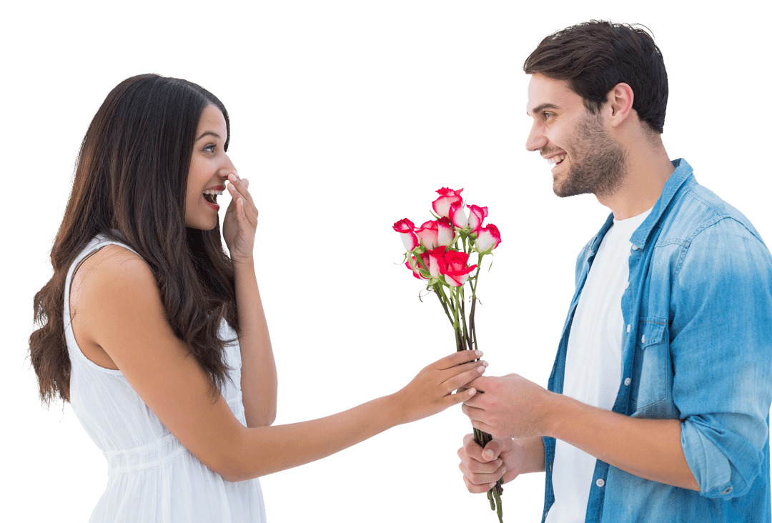 Man Giving Woman Bouquet Red Roses Transparent Background Surprised Expression