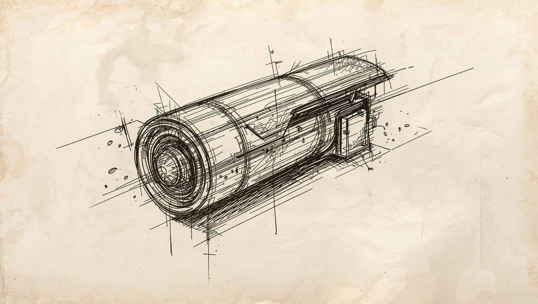 Sketching cylindrical lens module with mounting bracket on aged parchment