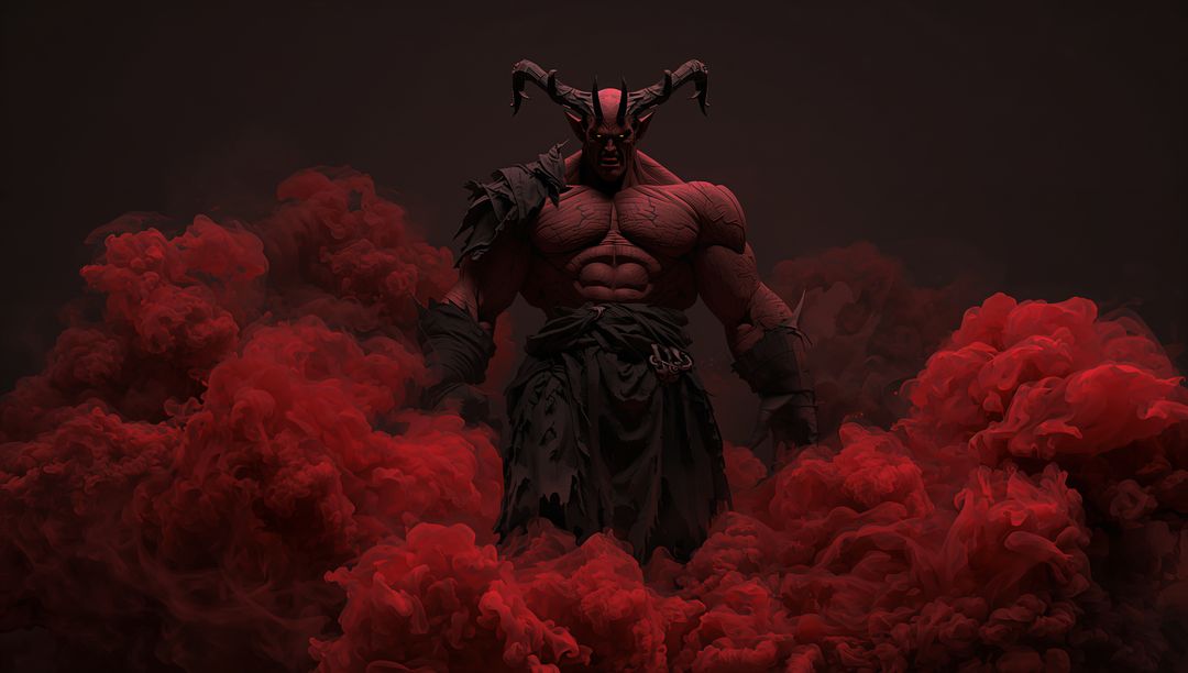 Formidable Devil Emerges from Red Vapor in Eerie Shadow