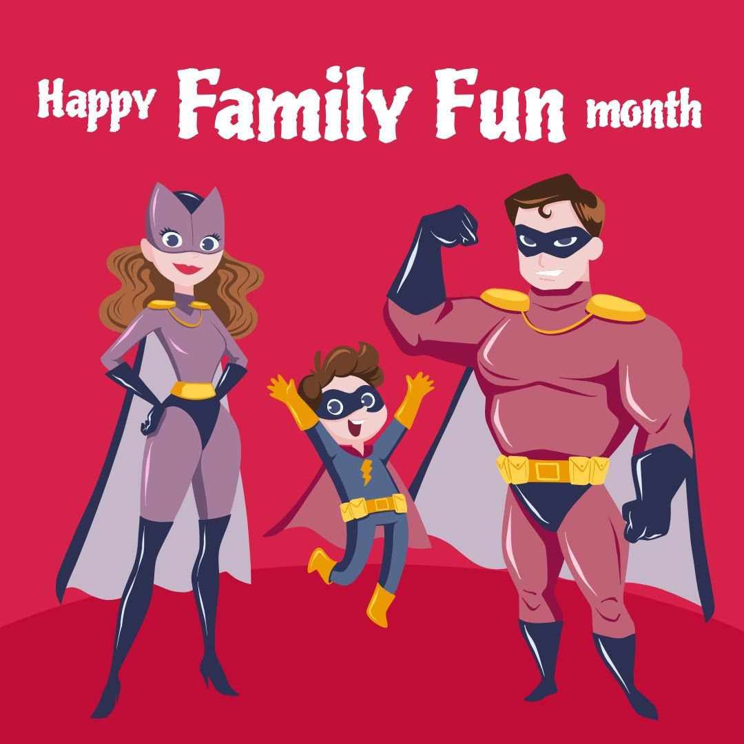 Illustration of parents and son in superhero costumes and happy family fun month text, copy space - Download Free Stock Templates Pikwizard.com