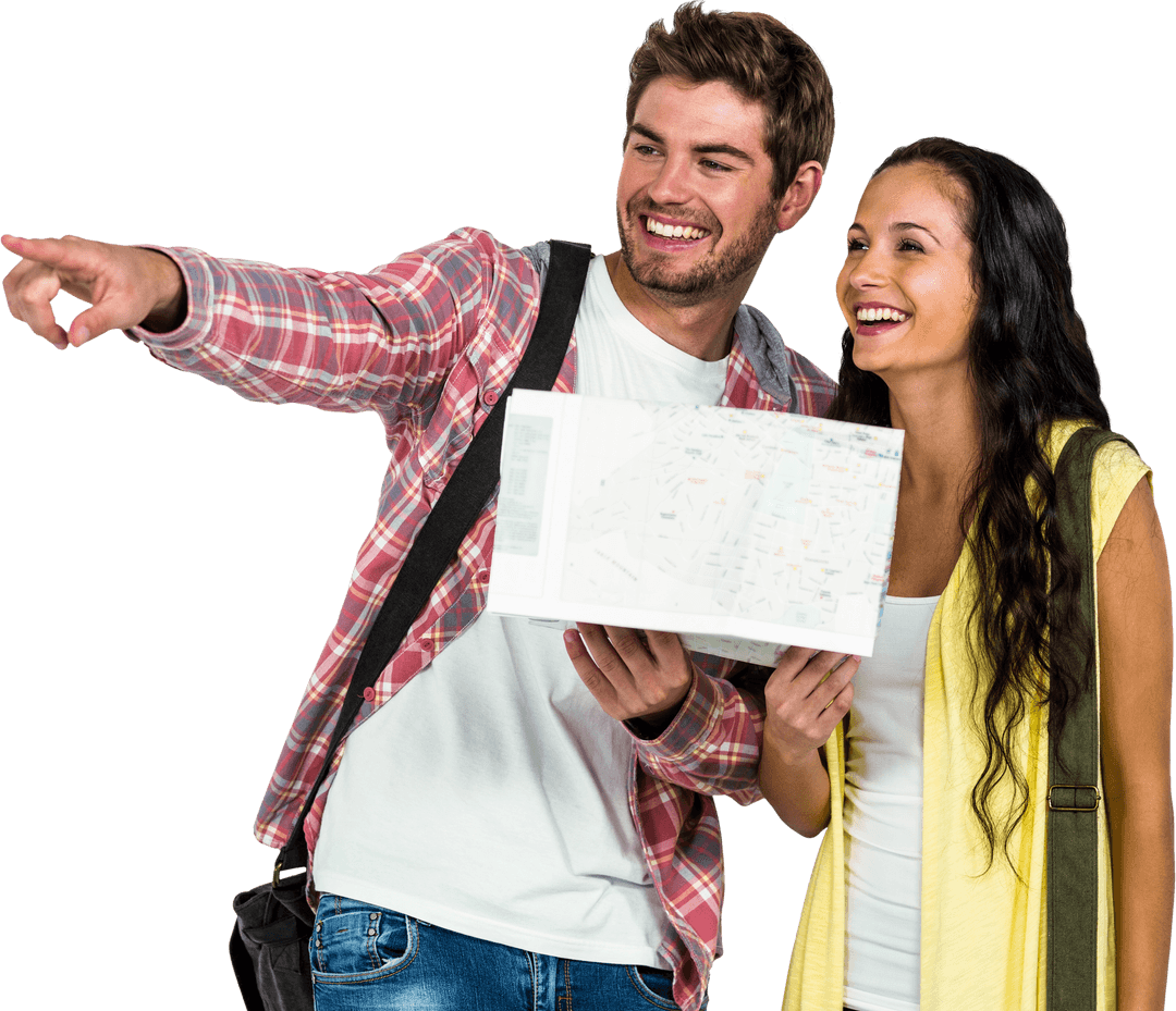 Smiling Tourist Couple Holding Map Transparent Background