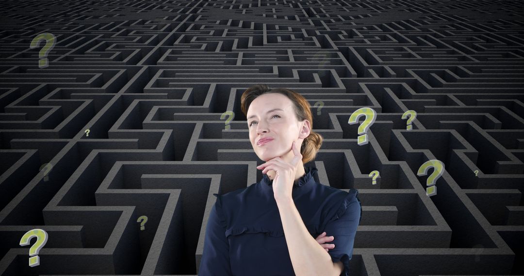 Image of uncertain caucasian woman and yellow question marks moving over grey maze - Free Images, Stock Photos and Pictures on Pikwizard.com