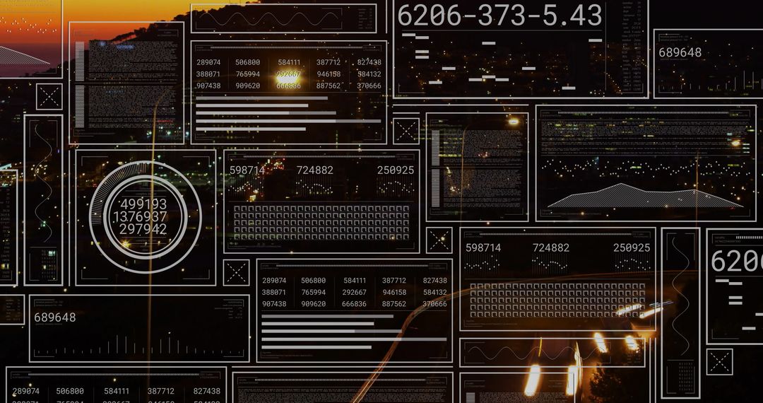 Futuristic Digital Dashboard over Urban Skyline at Night