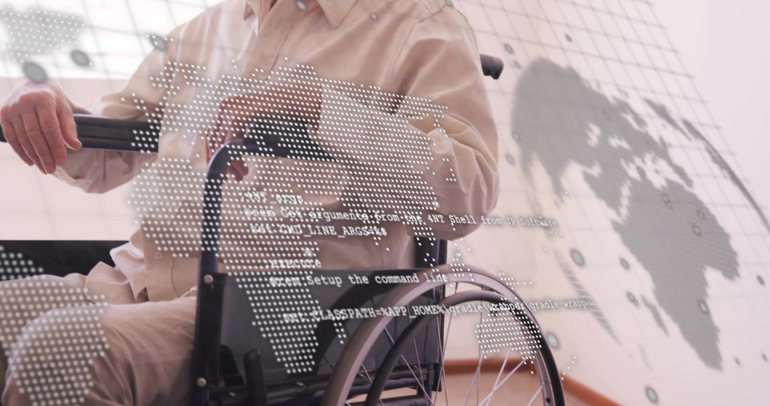Senior Man Sitting in Wheelchair, Caregiver Holding Push Handle, Digital World Map Overlay