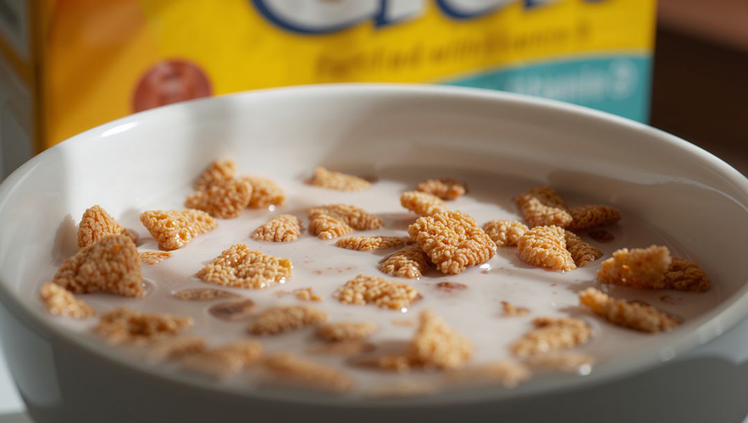 Crunchy triangular cereal floating in milk bowl with blurred cereal box background