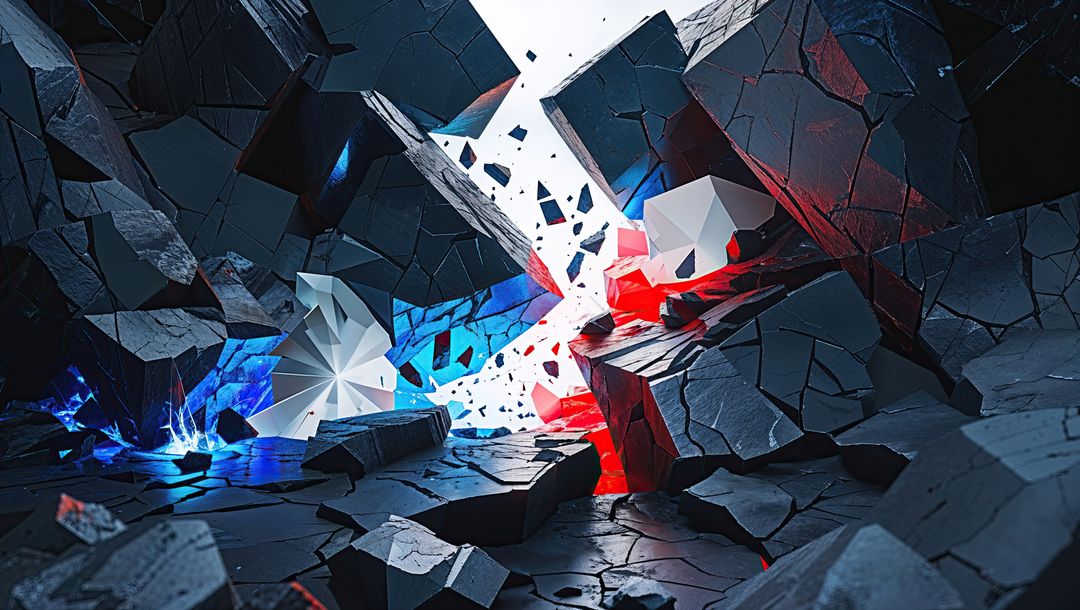 Fractured Block Radiates Red and Blue Light in Void