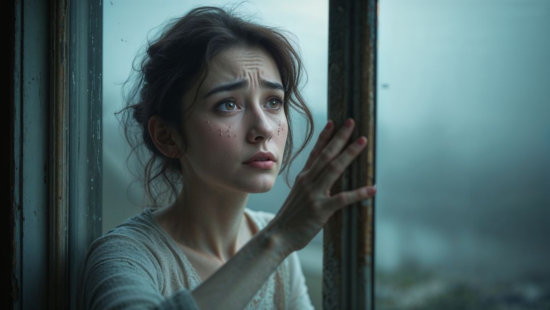Woman Experiencing Contemplation Near Window Overlooking Misty Skyline