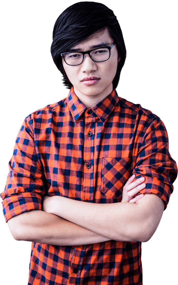 Transparent Serious Hipster Man in Plaid Shirt Crossing Arms