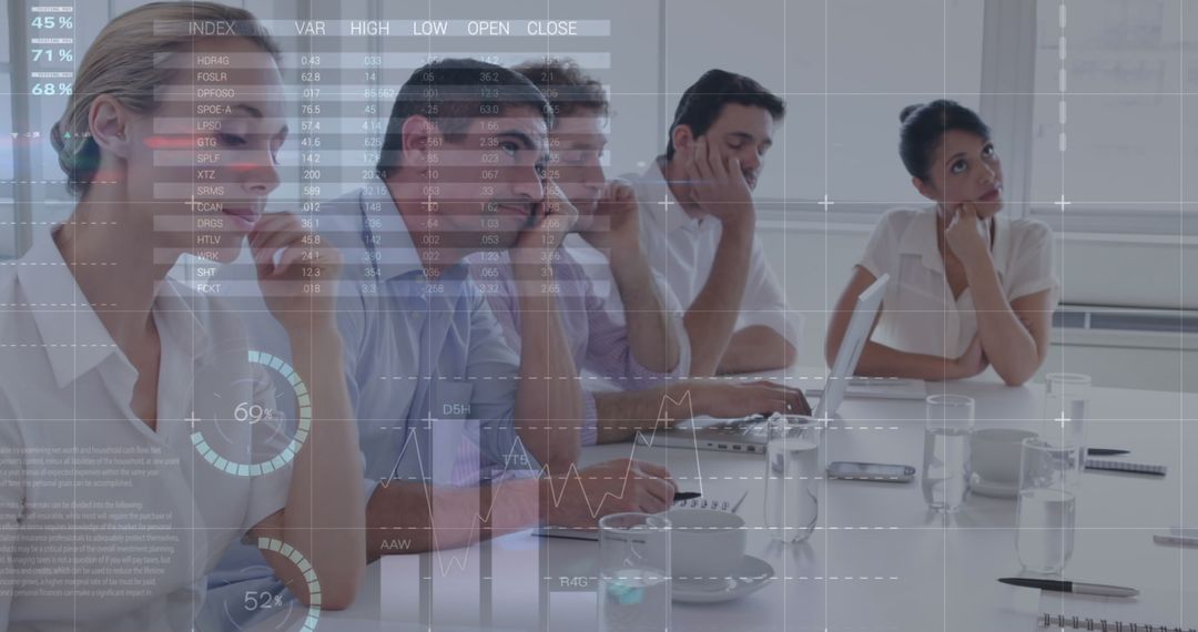 Bored Business Team Analyzing Data Overlay Projections in Corporate Meeting