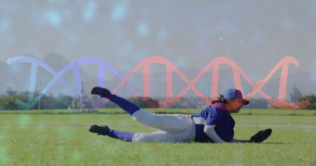 Baseball Player Diving with DNA Strand Overlay