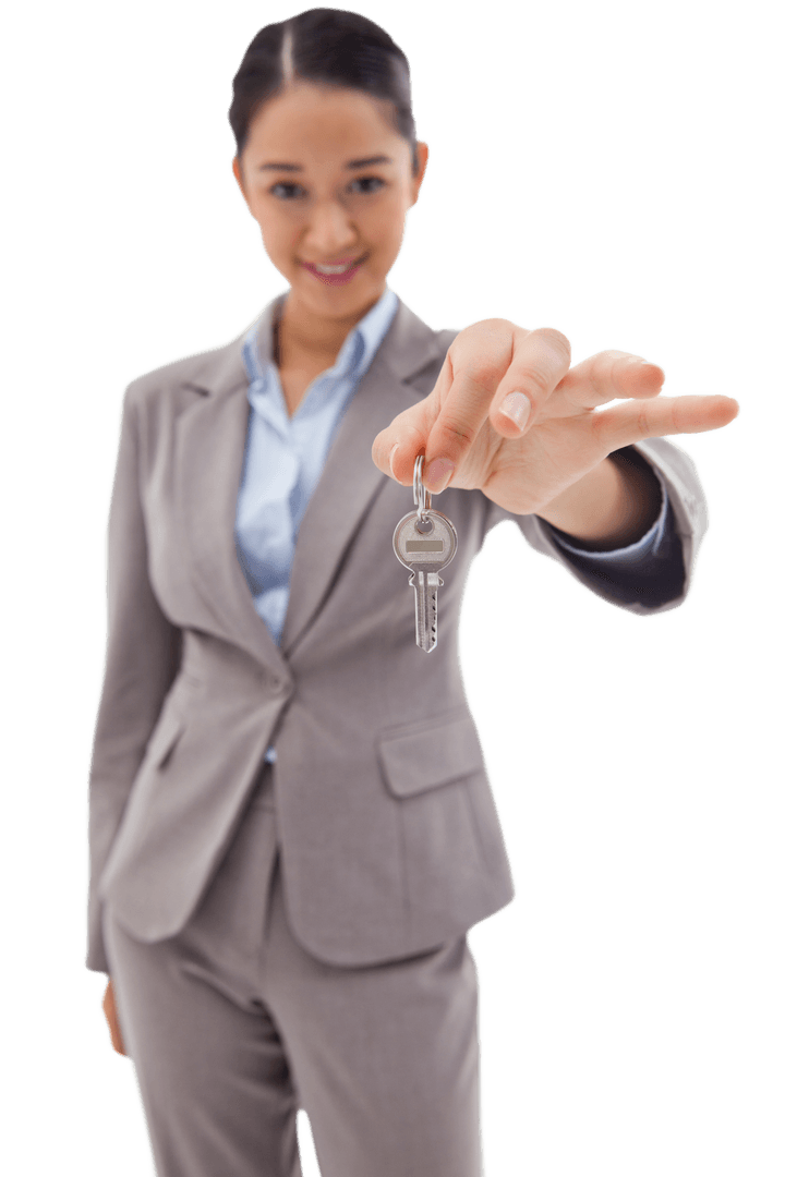 Transparent Businesswoman Offering Key with Smile