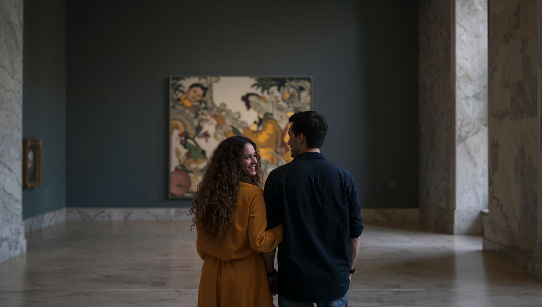 Romantic couple admiring artwork in museum gallery with marble columns and window light