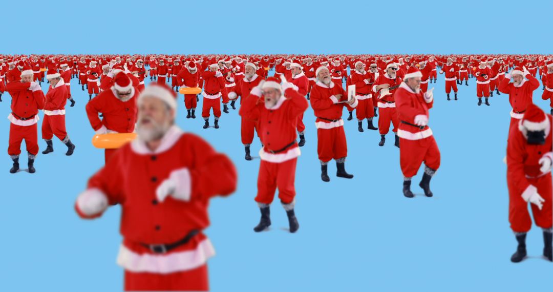 Many Dancing Santa Clauses on Blue Background Celebrating Christmas - Free Images, Stock Photos and Pictures on Pikwizard.com