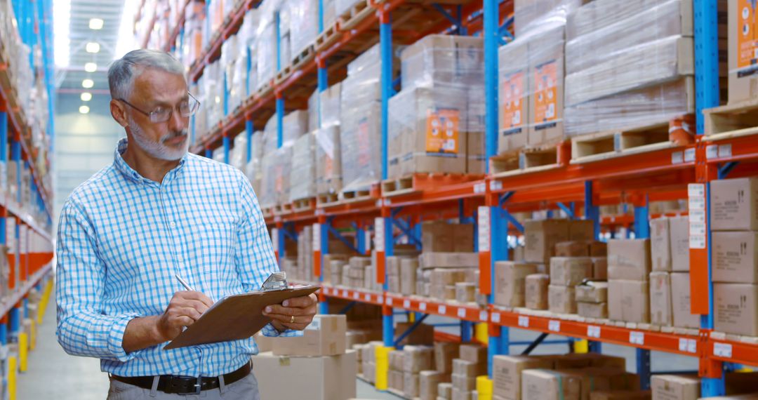 Senior Warehouse Supervisor Inspecting Inventory with Clipboard - Free Images, Stock Photos and Pictures on Pikwizard.com