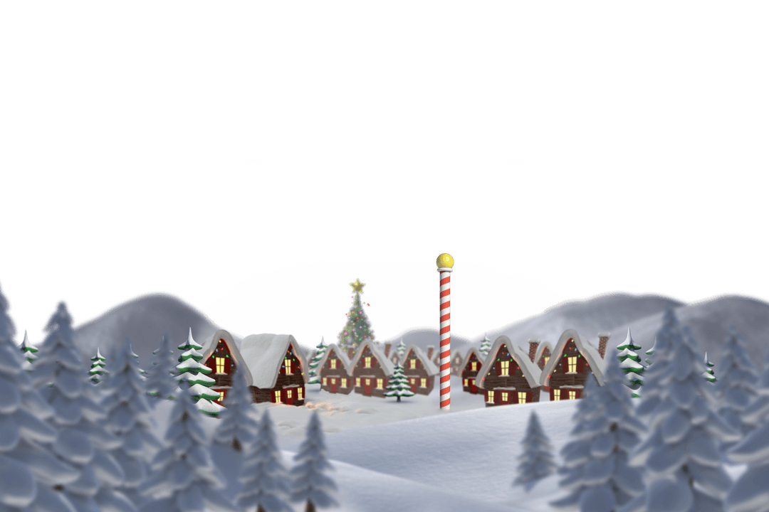 Cozy Snowy Village with Christmas Tree on Transparent Background