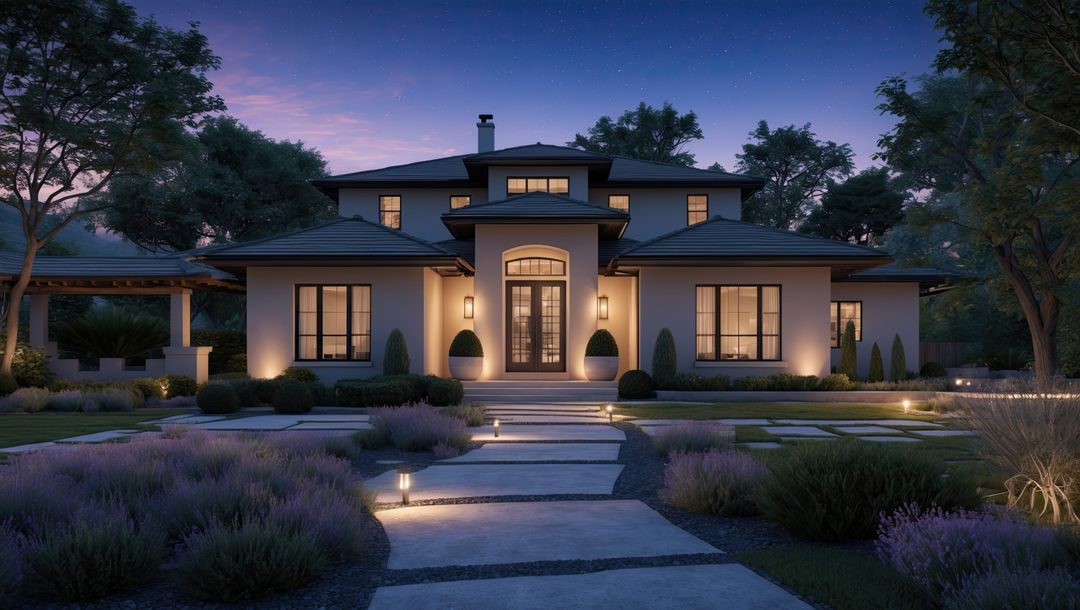 Elegant Two-Story House with Pathway Lights at Dusk