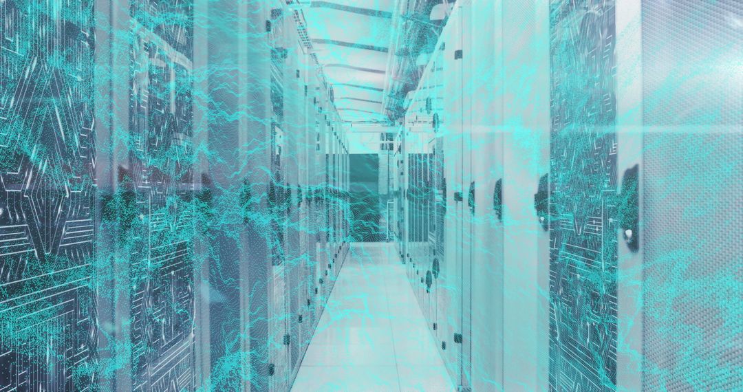 Futuristic Digital Overlay in Modern Server Room