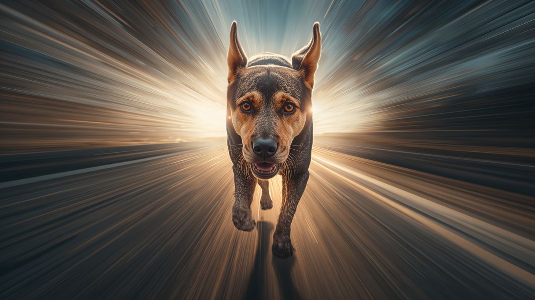 High-speed dog sprinting toward viewer with dramatic radial light burst and halo
