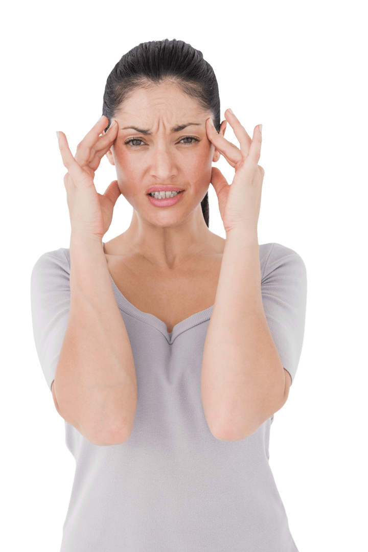 Brunette Woman Suffering from Migraine Holding Head Transparent