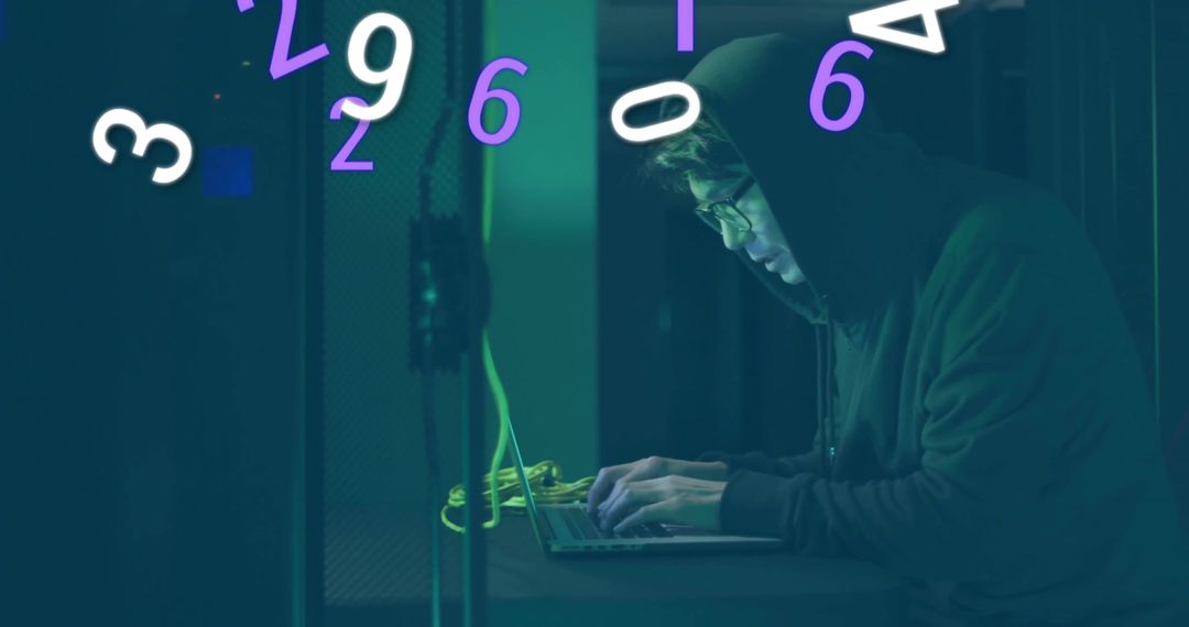 Hooded Hacker Typing on Laptop with Floating Digits in Server Room