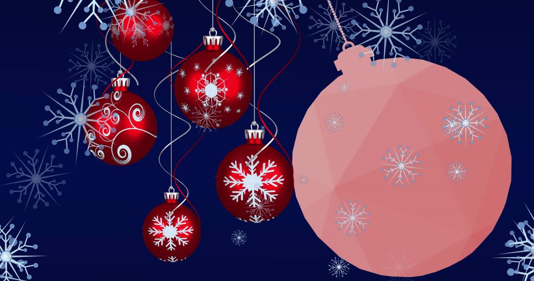 Festive Red Christmas Baubles with Snowflakes on Blue