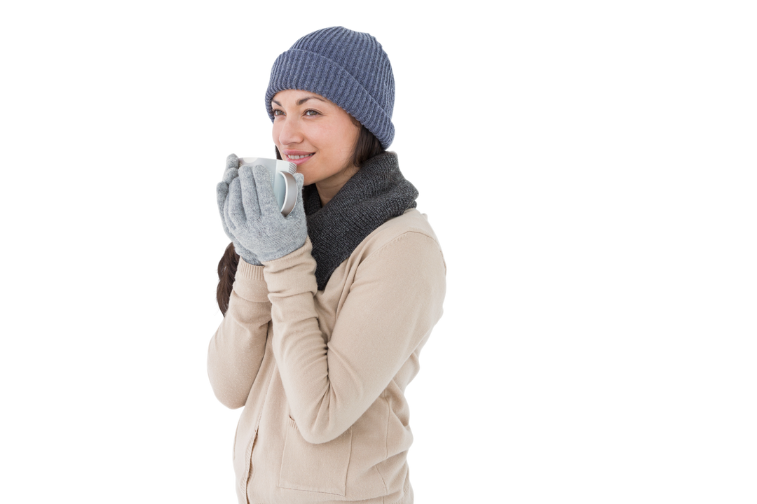 Transparent Smiling Woman Drinking Hot Beverage in Winter Clothes - Download Free Stock Images Pikwizard.com