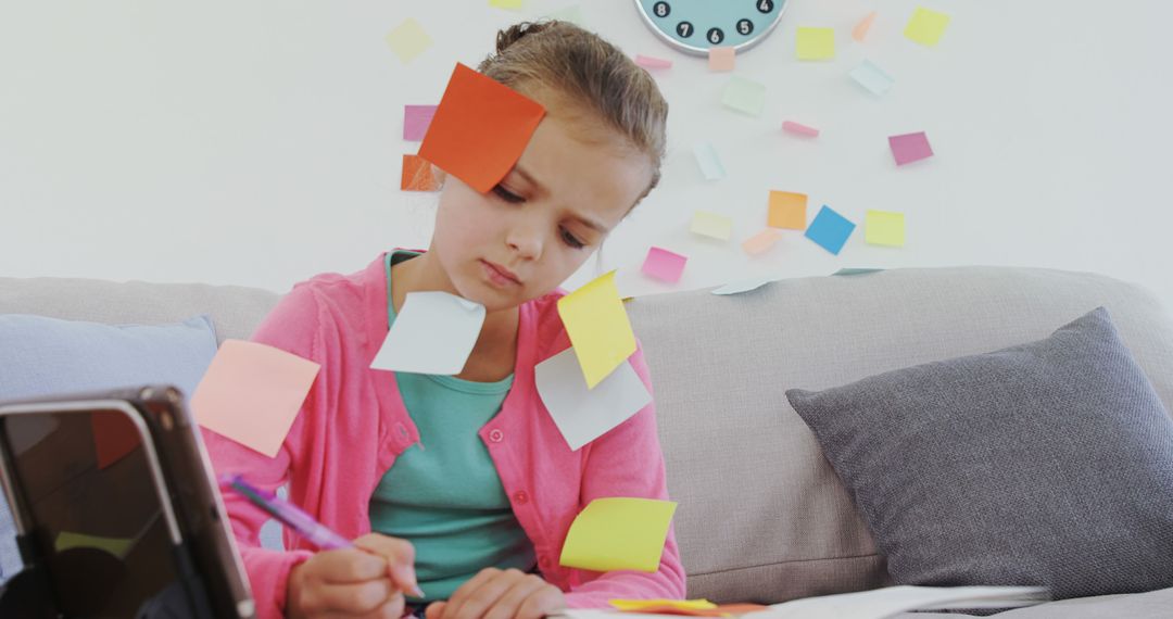 Young Girl Drowning in Sticky Notes While Studying at Home - Free Images, Stock Photos and Pictures on Pikwizard.com