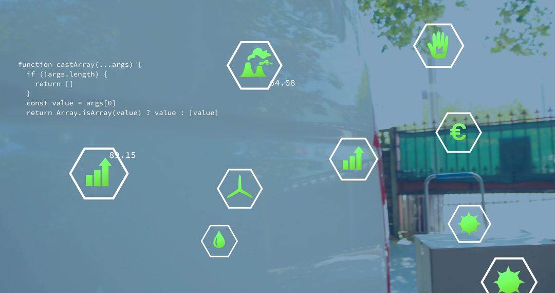 Hexagonal environmental data overlaying urban yard with code overlay and smart analytics