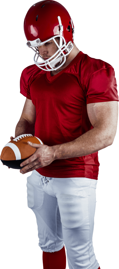 Confident Football Player in Red Uniform and Helmet Holding Ball Transparent Background