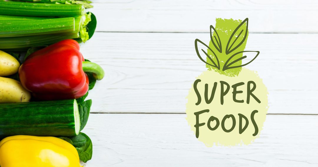 Vibrant Vegetables with Super Foods Text on Rustic Background