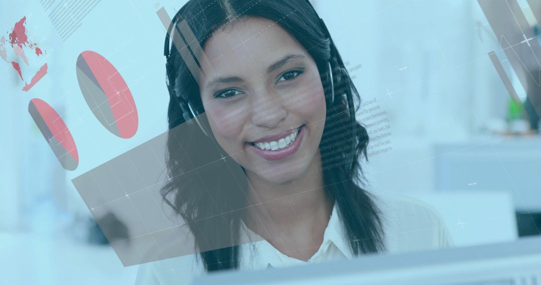 Smiling Businesswoman Analyzing Data with Futuristic Interface