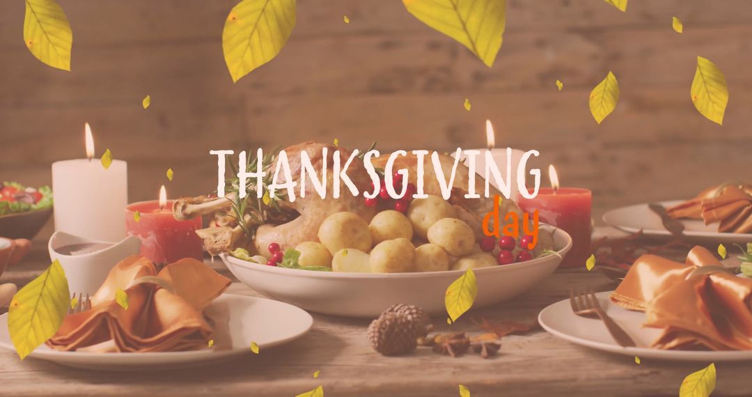 Thanksgiving Turkey Dinner with Rustic Autumn Setting and Text Overlay