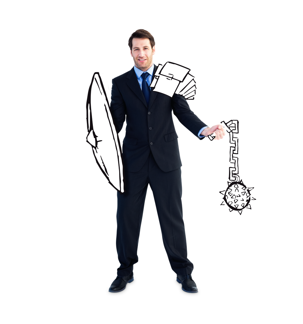 Caucasian Businessman with Cartoon Shield and Weapon on Transparent Background - Download Free Stock Images Pikwizard.com