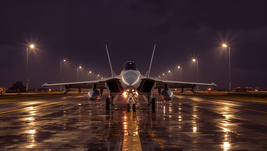 Fighter Jet at Night on Illuminated Runway