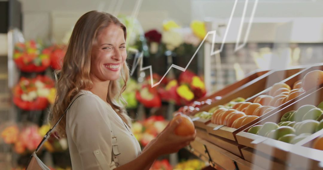 Happy Shopper Holding Apple in Grocery Produce Section with Graph Overlay
