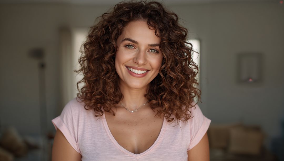Smiling Woman with Curly Hair in Cozy Minimalist Living Room