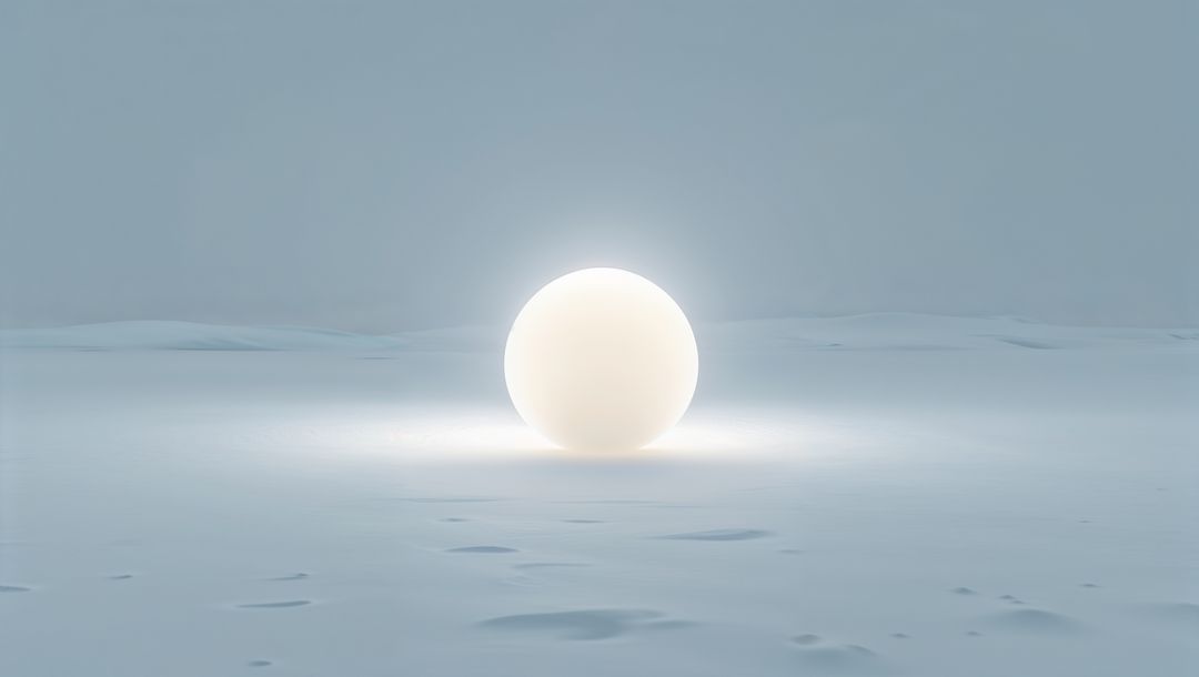 Glowing White Sphere on Vast Plain Under Overcast Sky