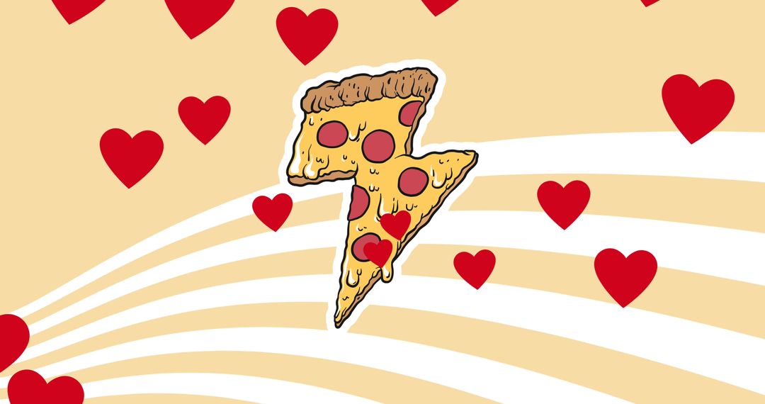 Creative Pizza Character and Hearts on Vibrant Background