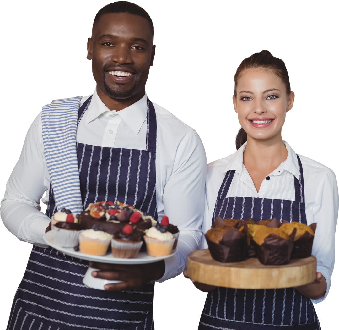 Confident Cafe Staff Displaying Assorted Gourmet Pastries on Transparent Background - Download Free Stock Images Pikwizard.com