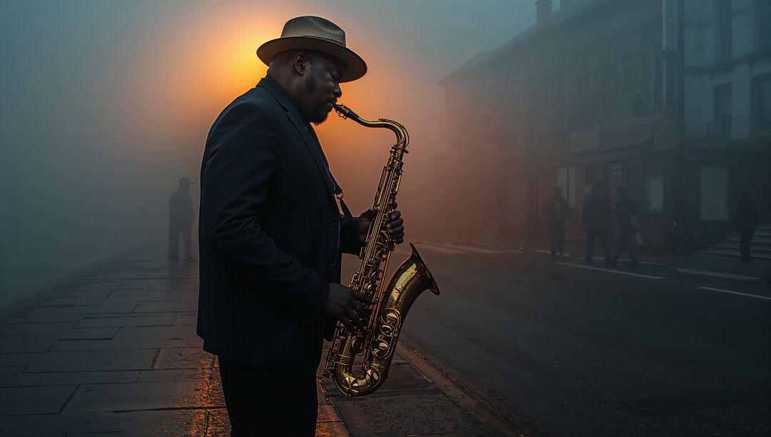 Moody Urban Saxophonist Playing on Foggy Sidewalk Street